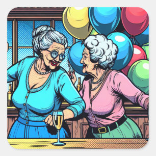 Two Sweet Elderly Ladies at a Bar Dancing Birthday Square Sticker
