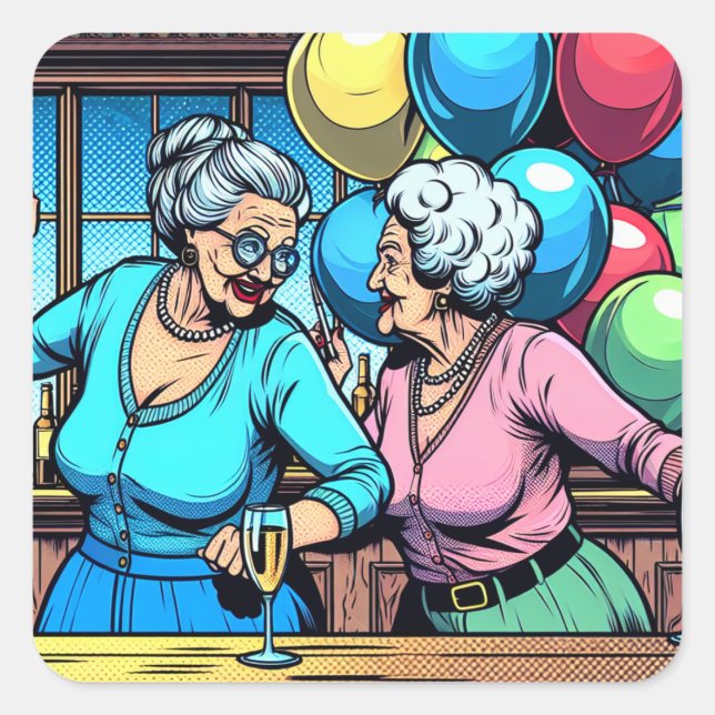 Two Sweet Elderly Ladies at a Bar Dancing Birthday Square Sticker (Front)
