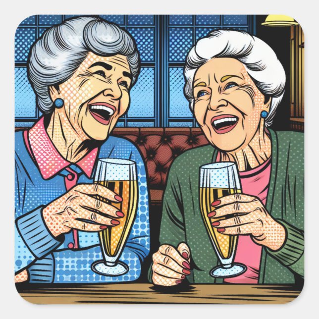 Two Sweet Elderly Ladies at a Bar Drinking Beer Square Sticker (Front)