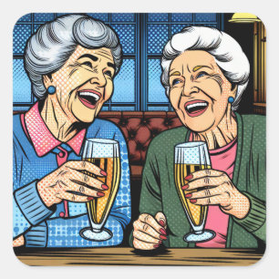 Two Sweet Elderly Ladies at a Bar Drinking Beer Square Sticker