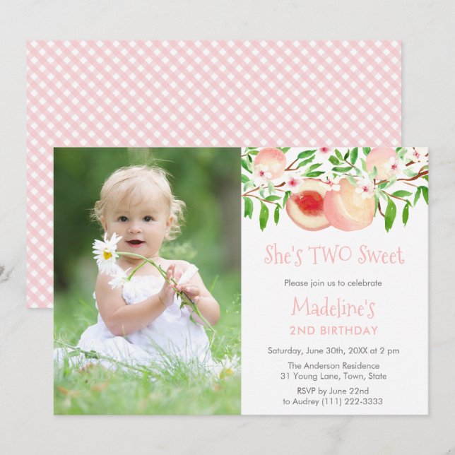 TWO Sweet Georgia Peach Birthday Party Photo Invitation (Front/Back)