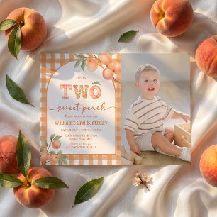 Two Sweet Gingham Peach Boy Birthday Invitation