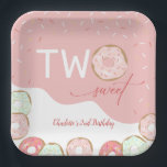 Two Sweet Girl 2nd Birthday Paper Plate<br><div class="desc">These pink girls birthday party paper plates offer a cute design for a 2 year olds birthday. The modern text reads "(Name) is TWO sweet" accented with a frosted doughnut with sprinkles. Custom text allows you to personalise with the child's name.</div>