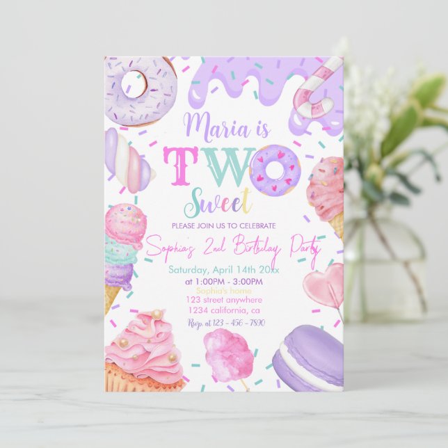 Two Sweet Girl Doughnut Pastel Purple 2nd Birthday Invitation (Standing Front)