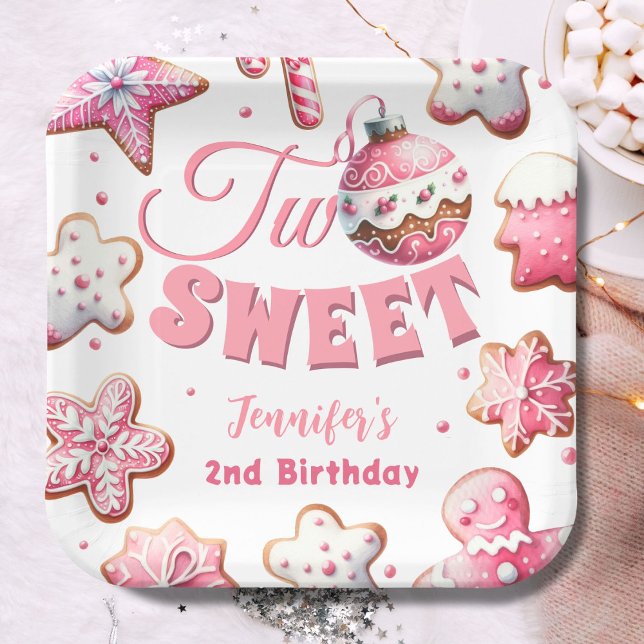 Two Sweet Girl Pink Cookie Christmas 2nd Birthday Paper Plate (Creator Uploaded)