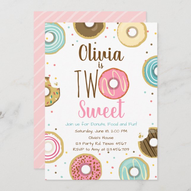 Two Sweet Girl Pink Doughnut 2nd Birthday Invitation (Front/Back)