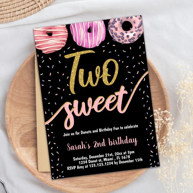 Two Sweet Gold Black Doughnut Birthday Invitations (Two Sweet Gold Black Donut Birthday Invitations)
