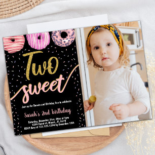 Two Sweet Gold Black Photo Doughnut Birthday Invitation