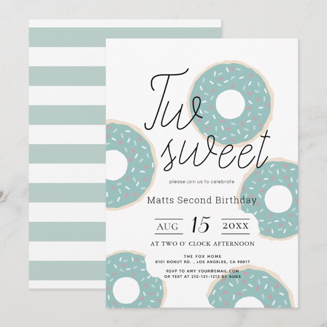 Two Sweet Green Doughnut Boy 2nd Birthday Invitation (Front/Back)