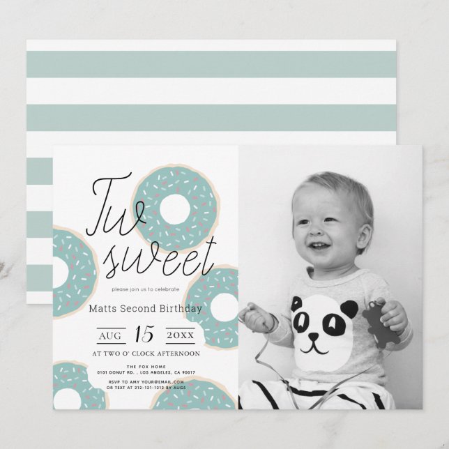 Two Sweet Green Doughnut Boy Photo 2nd Birthday Invitation (Front/Back)