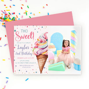Two Sweet Ice Cream 2nd Birthday Photo Invitation
