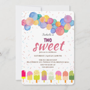 Two Sweet ice cream and popsicle 2nd Birthday Girl Invitation