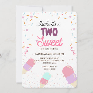 Two Sweet ice cream and Sprinkle 2nd Birthday Girl Invitation