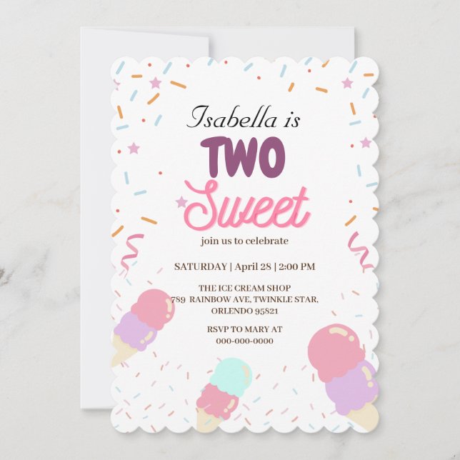 Two Sweet ice cream and Sprinkle 2nd Birthday Girl Invitation (Front)
