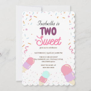 Two Sweet ice cream and Sprinkle 2nd Birthday Girl Invitation