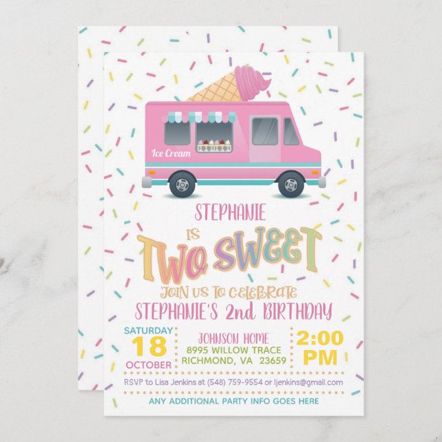 Two Sweet Ice Cream Birthday Invitation (Front/Back)