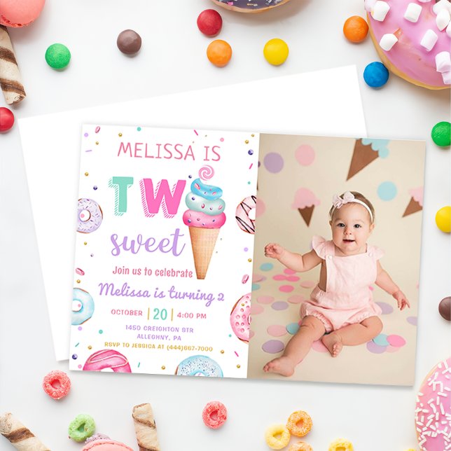 Two Sweet Ice Cream Doughnut 2nd Birthday Photo Invitation (Creator Uploaded)