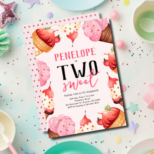 Two Sweet Ice Cream Pink 2nd Birthday Party Invitation
