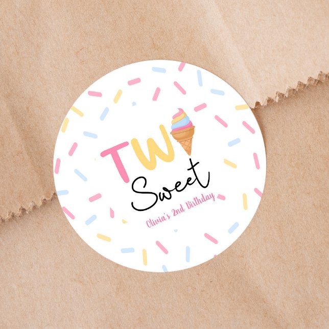Two Sweet Ice Cream Second 2nd Birthday Party Classic Round Sticker (Creator Uploaded)