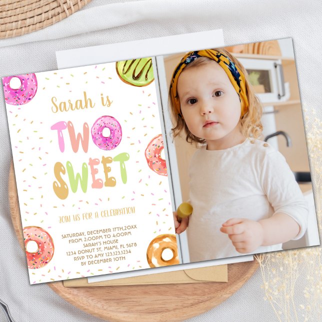 Two Sweet Light Photo Donut Birthday Invitations  (Two Sweet Light Photo Donut Birthday Invitations)