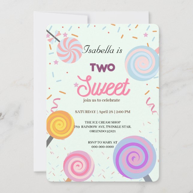 Two Sweet lollipop and Sprinkles 2nd Birthday Girl Invitation (Front)