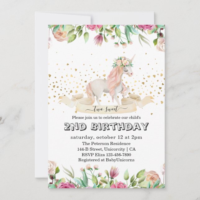 Two Sweet Magical Creature Baby Girl 2nd Birthday Invitation (Front)