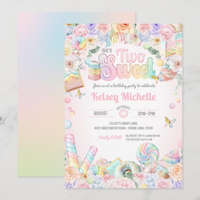 Two Sweet Pastel Candy Shope Second Birthday Kid  Invitation (Front/Back)