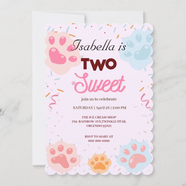 Two Sweet PAW cat and Sprinkles 2nd Birthday  Girl Invitation (Front)