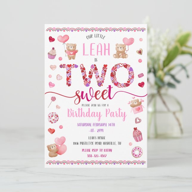 Two Sweet Pink 2nd Birthday Valentine's Invitation (Standing Front)