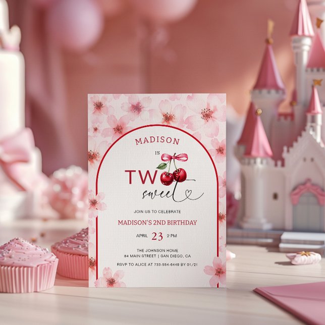 Two Sweet Pink Cherry Blossom 2nd Birthday Invitation (Creator Uploaded)
