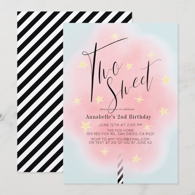 Two Sweet Pink Cotton Candy Girl 2nd Birthday Invitation (Front/Back)
