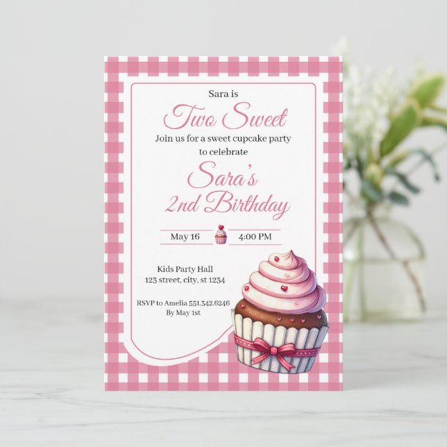 Two Sweet Pink Cupcake Girl 2nd Birthday Party  Invitation (Standing Front)