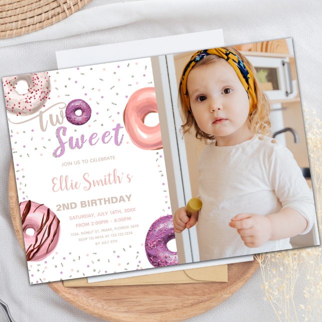 Two Sweet Pink Donut Birthday Invitations photo (Two Sweet Pink Donut Birthday Invitations photo)