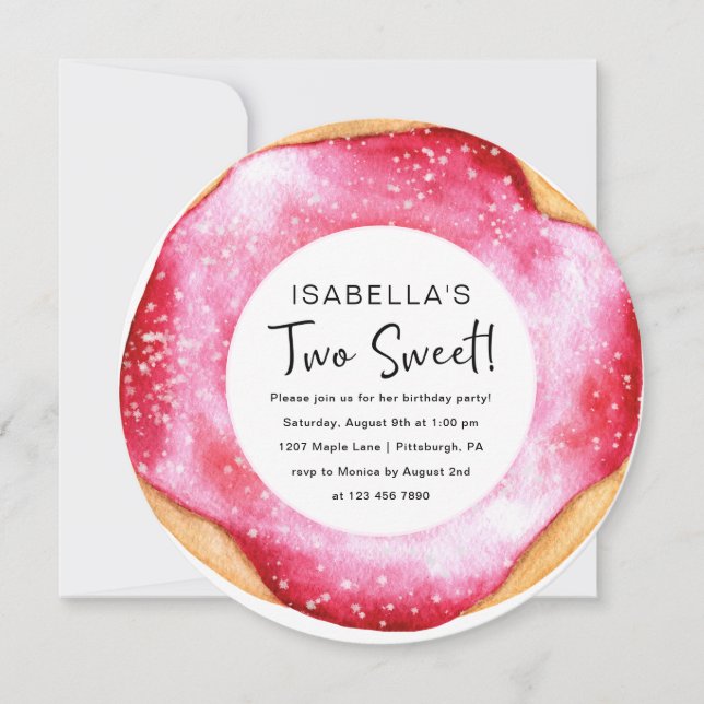 Two Sweet Pink Doughnut 2nd Birthday Party Invitation (Front)