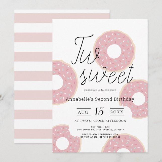Two Sweet Pink Doughnut Girl 2nd Birthday Invitation (Front/Back)