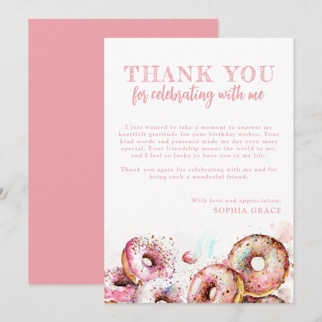 Two Sweet Pink Doughnut Girl 2nd Birthday Thank You Card (Front/Back)