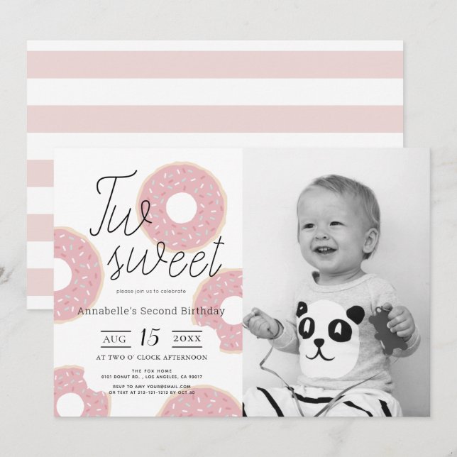 Two Sweet Pink Doughnut Girl Photo 2nd Birthday Invitation (Front/Back)