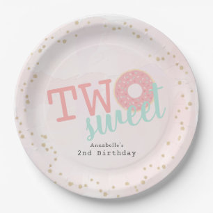 Two Sweet Pink Doughnut Girl's 2nd Birthday Paper Plate
