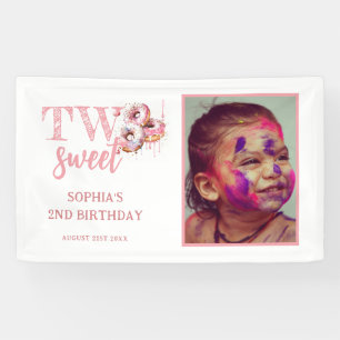 Two Sweet Pink Doughnut Photo Girl 2nd Birthday Banner