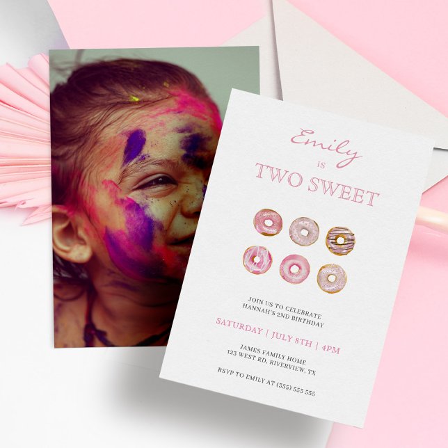 Two Sweet Pink Doughnuts Photo 2nd Birthday Invitation (Creator Uploaded)