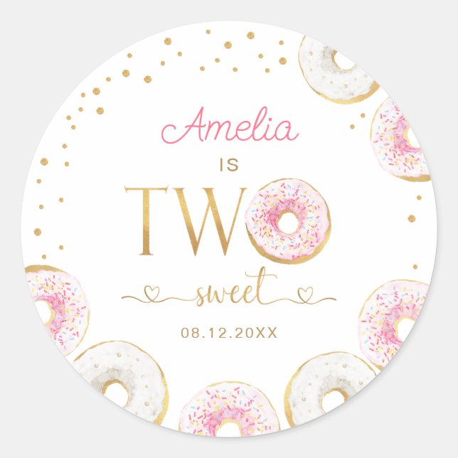 Two Sweet Pink Gold Doughnuts Birthday Classic Round Sticker (Front)
