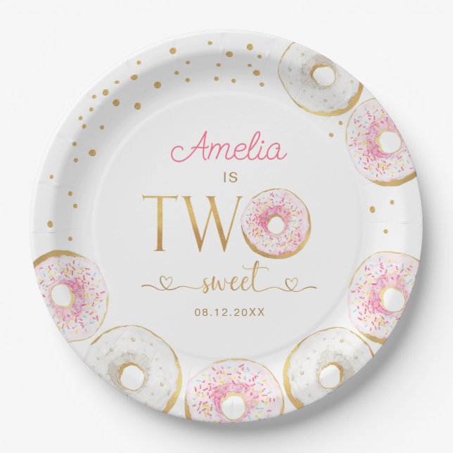 Two Sweet Pink Gold Doughnuts Birthday Paper Plate (Front)
