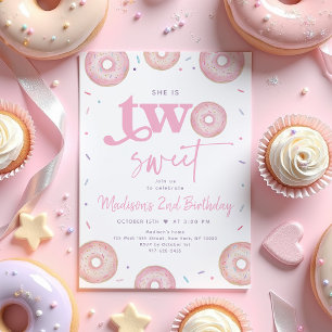 Two Sweet Pink Pastel Donut Second Birthday Invitation