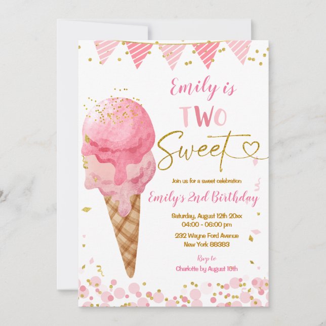 Two Sweet Pink Summer Ice Cream Second Birthday Invitation (Front)