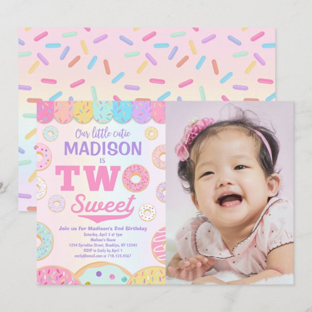 TWO Sweet Rainbow Doughnut 2nd Birthday Photo Invitation (Front/Back)