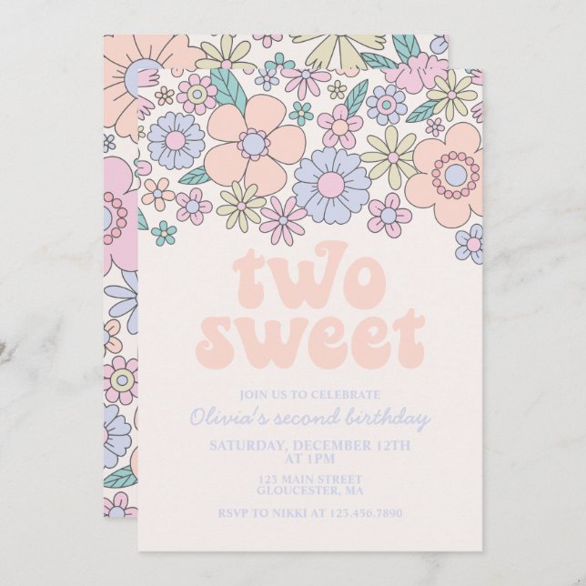 Two Sweet Retro Floral 2nd birthday Invitation (Front/Back)