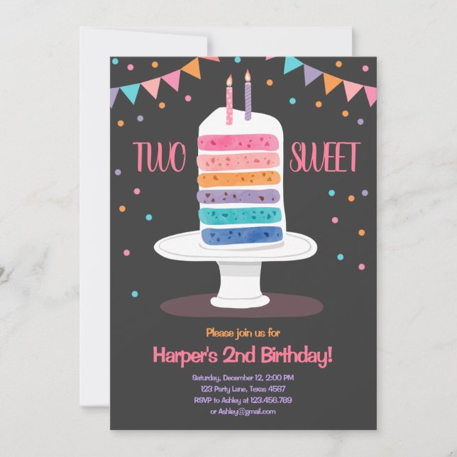 Two Sweet Second Birthday Cake Rainbow Invitation (Front)