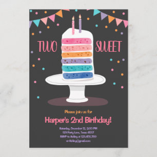 Two Sweet Second Birthday Cake Rainbow Invitation