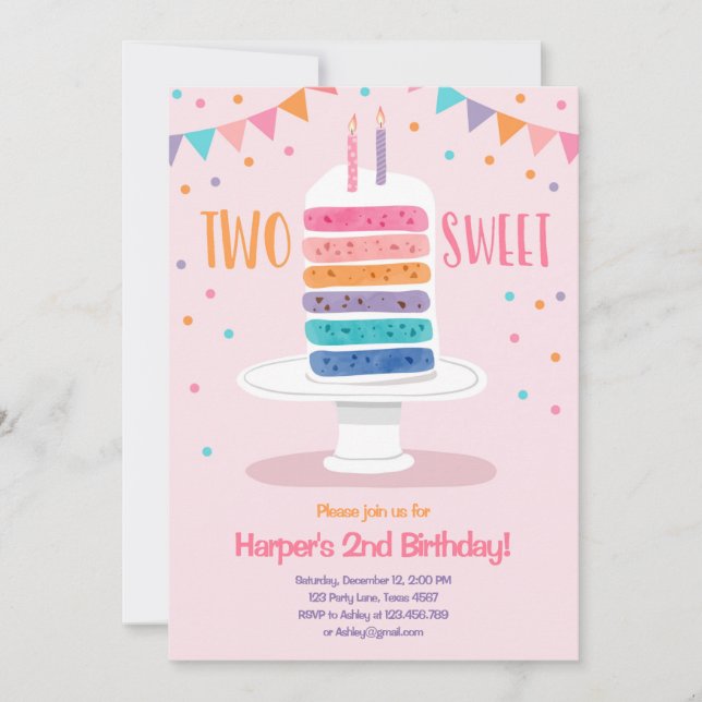 Two Sweet Second Birthday Cake Rainbow Invitation (Front)