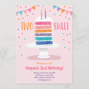Two Sweet Second Birthday Cake Rainbow Invitation